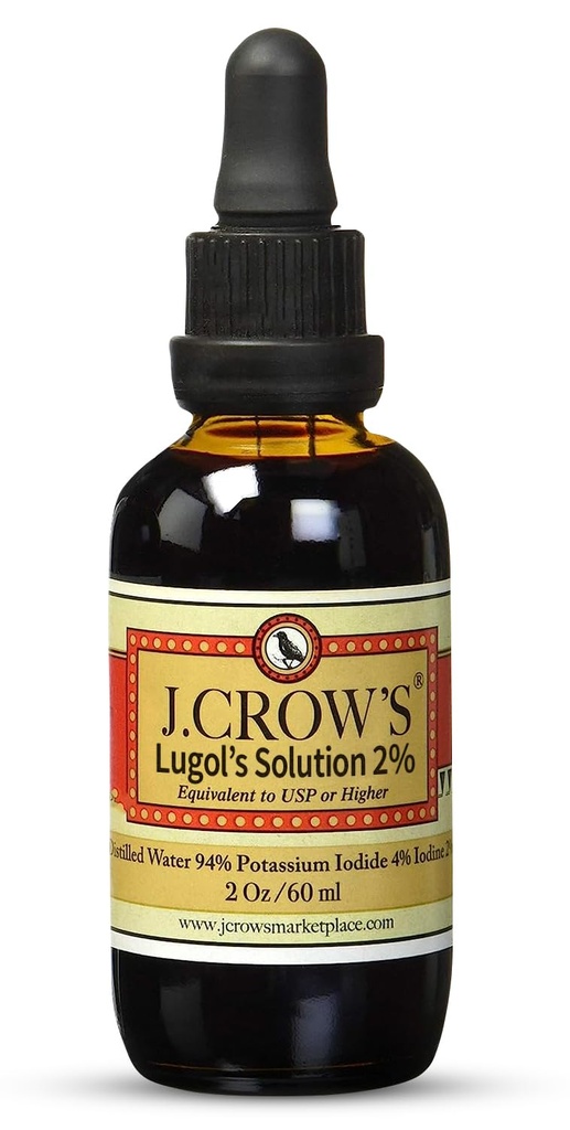 J.CROW'S® Lugol's Solution of Jodine 2% 2 oz (1 steklenica) – Premium Jodine & Kalijev jodid Tekočina, Gluten &, Alkohol-free Natural Brine Extract, Brez iztekanja