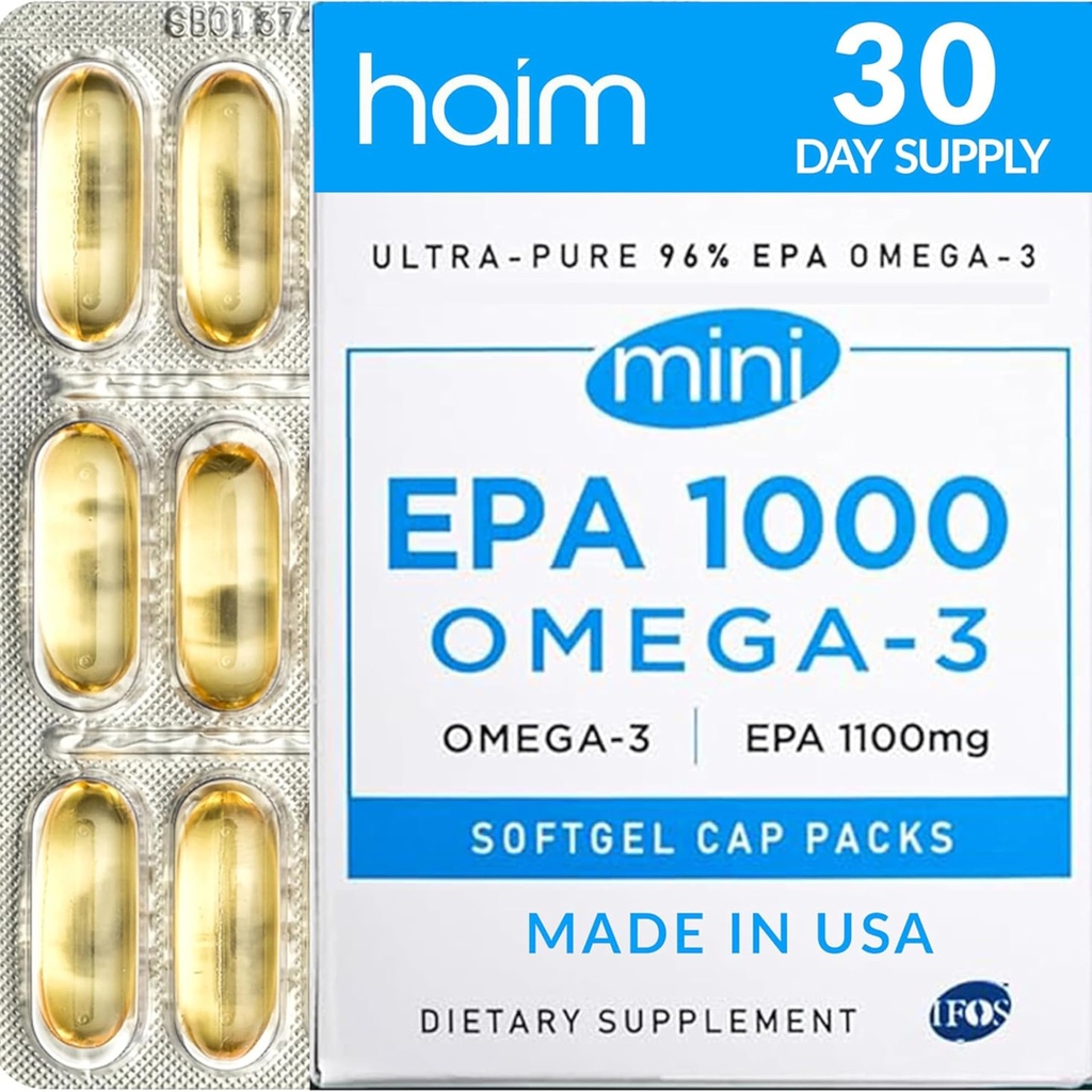 HAIM EPA1000 MINI – Pure EPA Fish Oil Supplement – 1.100mg Omega-3 za srce, možgane in skupno zdravje – Visoka moč, Burpless Softgels – majhne, Easy-to-Shallow kapsule – 60 Softgels – Izdelano v ZDA