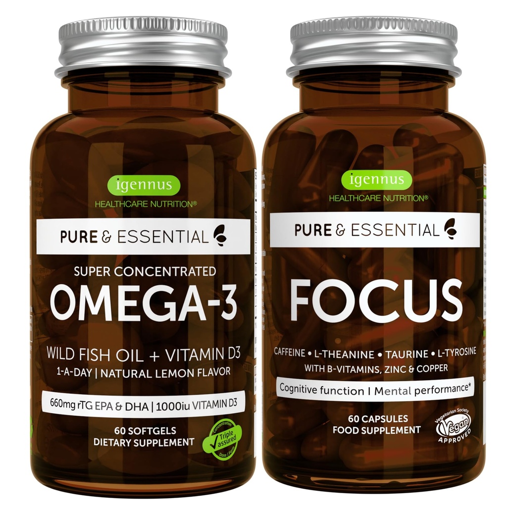 Omega-3 & vitamin D3 1000iu + Fokus Brain Booster Bundle, hitro delujoče 1-a-dan EPA & DHA RTG Wild Fish Oil + Kofein, L-teanin, Taurin & L-tirozin, B-vitamini, cink in baker, od Igennus