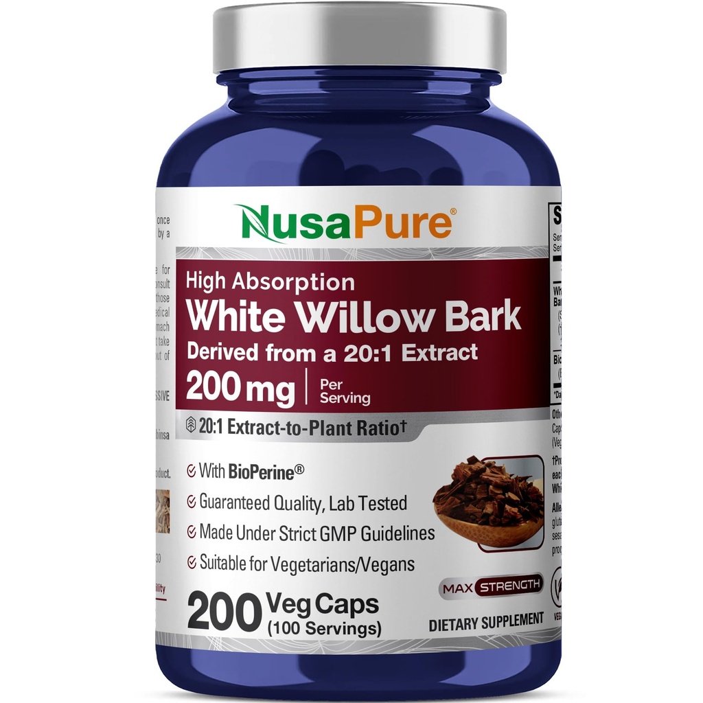 White Willow Bark, Non-GMO, Vegan, 200mg, 200 Veg Capsules - 100 Servings | Salix Alba L Bark 20:1 Extract, Herbal Formula, Suitable for Adults, Manufactured in a cGMP Registered Facility USA