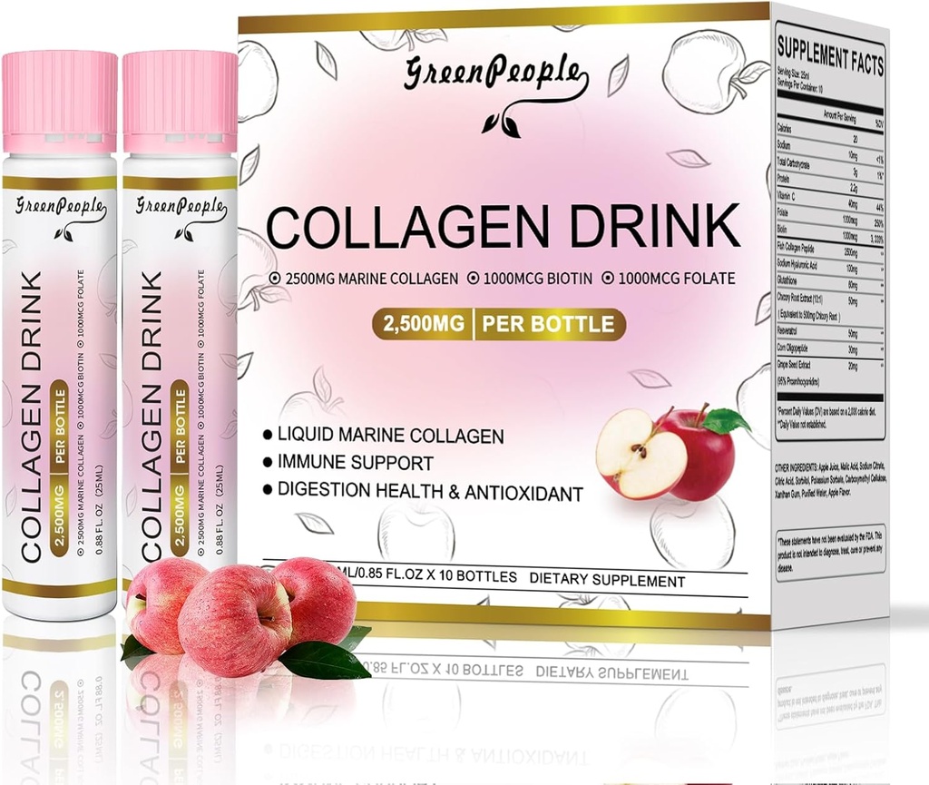 GREENPEOPLE tekoči kolagen za ženske in moške, ribji kolagen peptidi + hialuronska kislina + vitamin Bs & C, lasni nohti Kosti Podpora (0,85 fl oz, 10 steklenic, Apple)