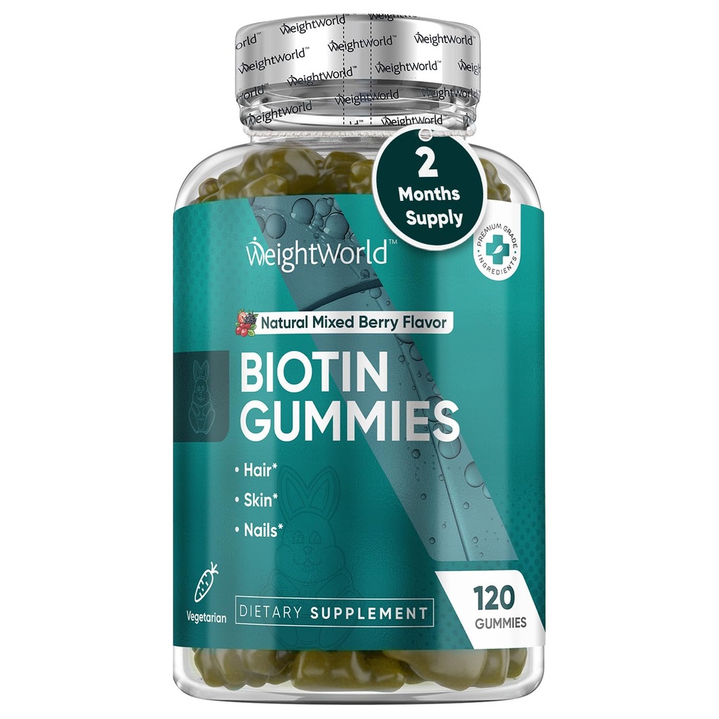 TežaWorld Biotin Gummies za lase, kožo in nohte 5000mcg - 120 Count (60 Servings) - Biotin dopolnila za ženske in moške - Naravne mešanice jagode arome Biotin Gummy - Vegetarian & Third-Party Tested