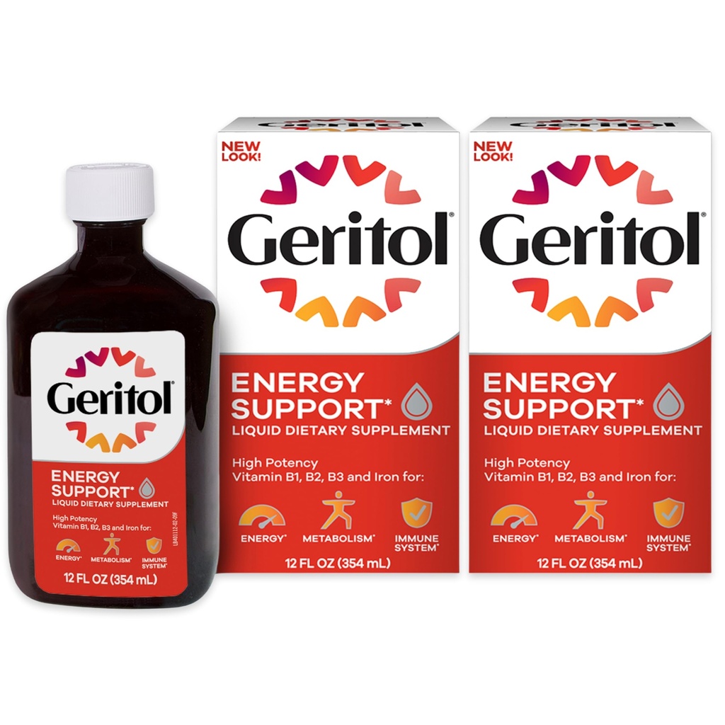 Geritol Tekoči vitamin in železovi dodatki, energijska podpora, vsebuje visoko moč B-vitaminov in železa, prijetno degustacijo, enostavno požiranje, brez umetnih sladil, ne-GMO, 12 Oz, 2 pakiranje