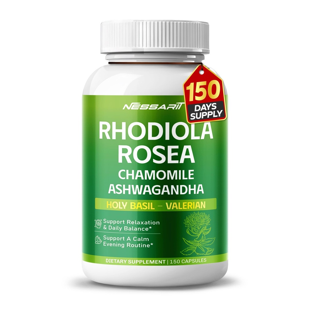 RHODIOLA ROSEA dodatek- 11-v-1 naravna mešanica s kamilice L-Theanine Ashwagandha Sveti Basil Valerian Pasijonka - 150 Count - Made & Tested v ZDA