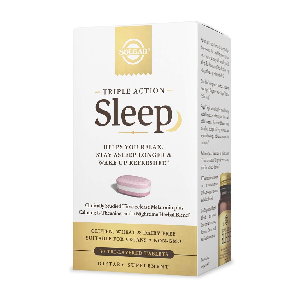 Solgar Triple Action Sleep, 30 Tri-Layer Tablets - Time-Release Melatonin & L-Theanine Plus Zeliščna mešanica - vam pomaga, da se sprostite, hitro zaspite in ostanete dlje v spanju - Non-GMO, Gluten Free - 30 Sluge