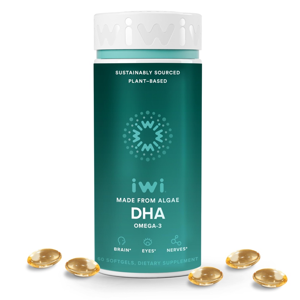Iwi DHA Omega-3, 60 softgels (30 servings), rastlinsko-bazen Algae Omega 3, Brain, oči in živčni sistem podpora prehranski dodatek, Krill & ribje olje alternativa, brez ribjega pookusa