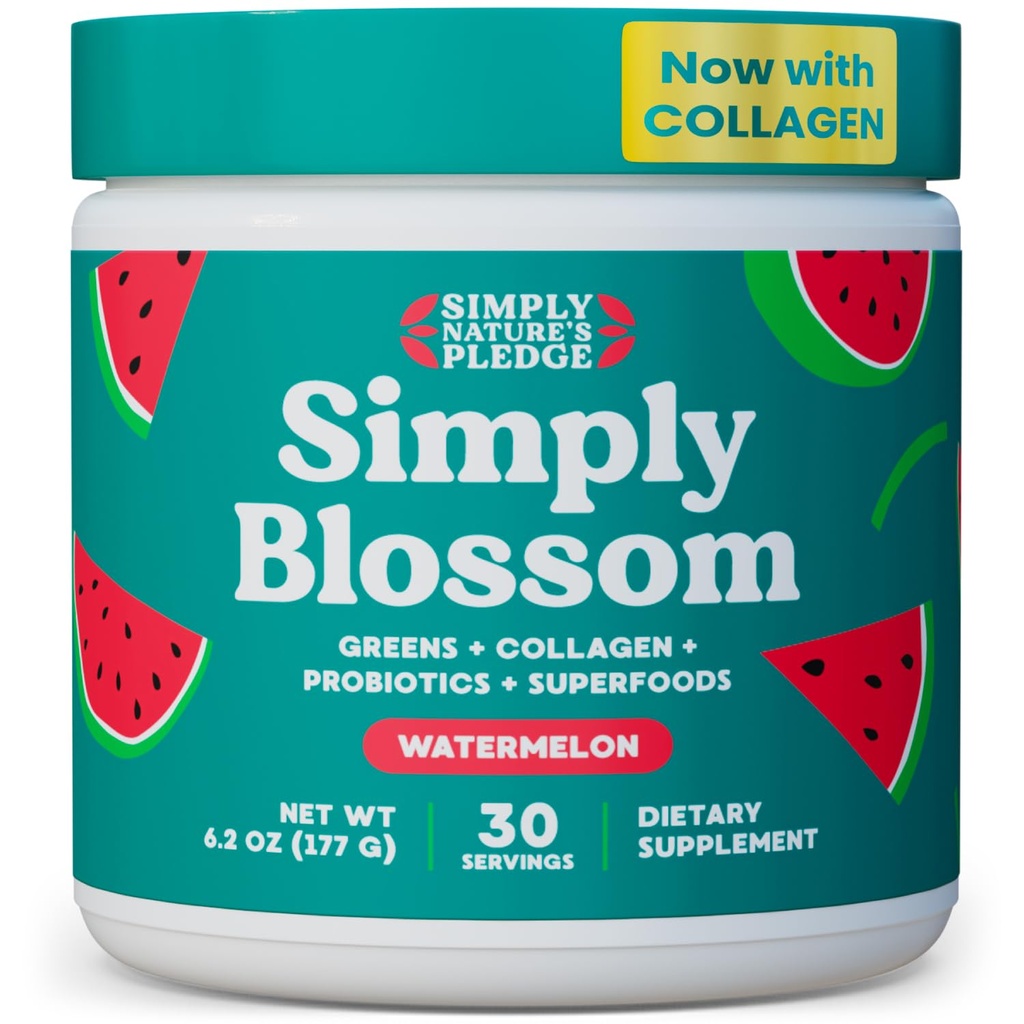 Preprosto Blossom Nutrition Daily Greens & Superfood Powder + kolagen + probiotiki za žensko prebavno zdravje in napihnjenost. Pomoč vaše zdravje Bloom - 30 dan dobave - lubenica