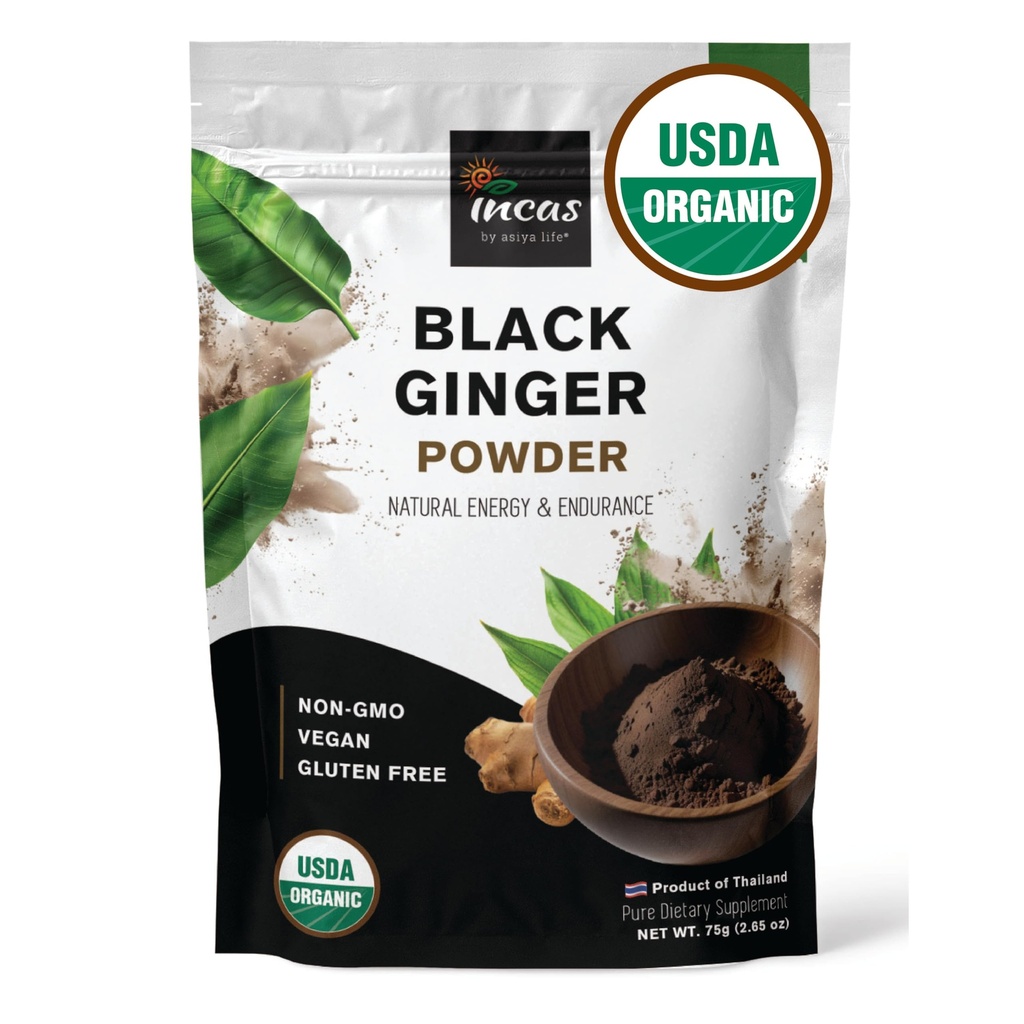INCAS 100% USDA organski tajski črni ingver v prahu za moške 2.65 Ounce iz Tajske Non GSO preverjen zeliščni dodatek za naravno energijo in vzdržljivost