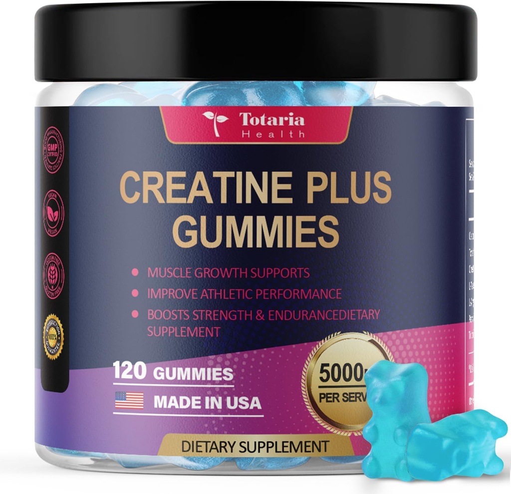 Totaria Kreatin Monohidrat Gumiji za moške in ženske 5000mg Sugar Free Pre-Workout dodatek Kreatin za mišično moč, mišice graditelj, Energy Boost,Vegan, Blueberry Flavor, 120 Count