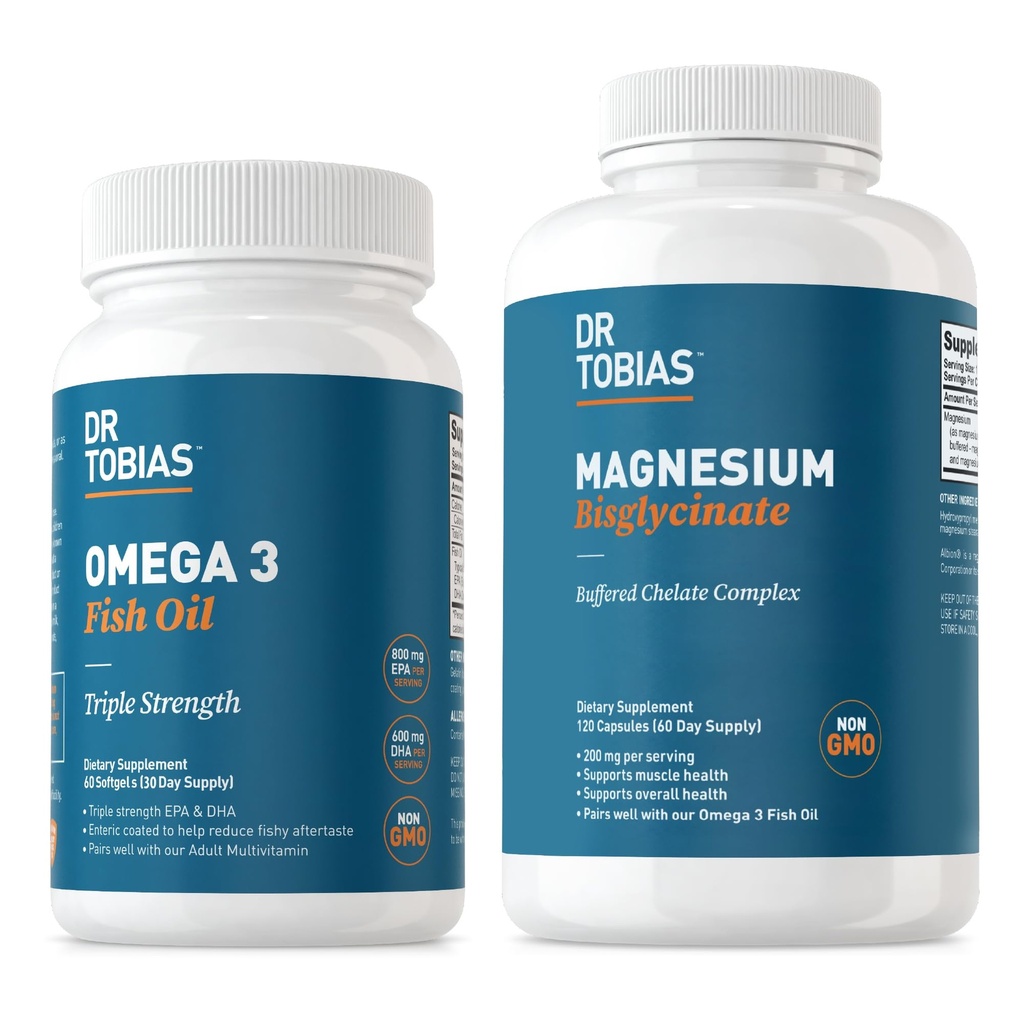 Dr. Tobias Omega 3 Fish Oil & Magnezij Bisglicinat dopolnila, Visoka absorpcija, Podpira srce, Možgani, Imunski, Energija, Mišice, Kost in Skupni zdravje, Non-GMO