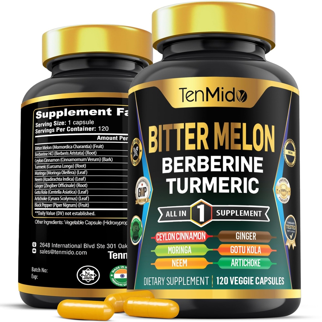 Kapsule grenkega melona - 10 v formuli - kombinirajte z berberinom, cimetom, kurkumonom, Moringo, Neemom, Ginger, Gotu Kolo, Artičoko in Črnim poprom - 120 kapsul za 4 mesece