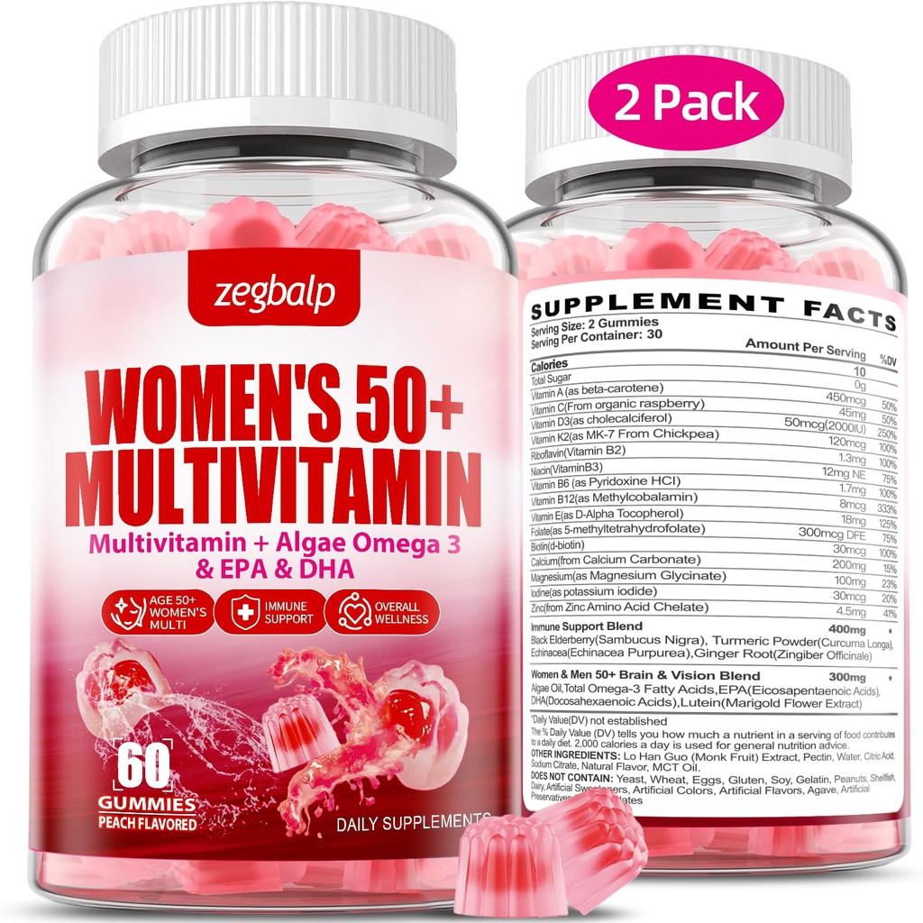 Ženske brez sladkorja Multivitaminski 50 Plus Gumiji s kalcij, magnezij, cink, vitamin A, C, D3, E, K2, B kompleks, Folat, Biotin - Multi vitamini in minerali za kožo, energijo, Imunska podpora