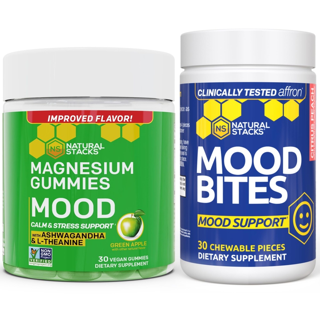NARAVNI ZASTAVI Mood Bites + Mood Magnezij Gumies Bundle - Pozitivni Mood & Stress podpora* - 60 Žvečilni