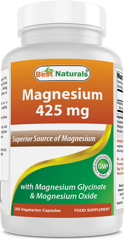 Najboljše naravne Magnezij 425 mg 180 Veggie kapsule - visoka absorpcija Magnezij Glicinat & Magnezijev oksid kelirani, ne-GMO, Gluten prosti mišice sprostitev (180 Število (Pack of 1))