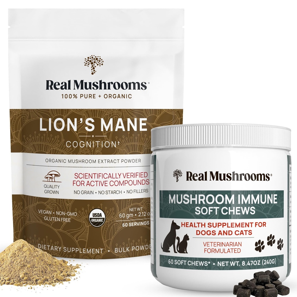 Prave gobe Mane Powder za ljudi (60g) & Gobe Imunski hišni žveči (60ct) - Sklop za kognicijo in imuniteto - Ashwagandha, Astragalus & More - Vegan, Non-GMO, Gluten-free, Grain-free