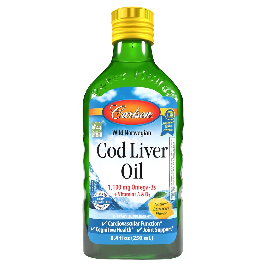 Carlson - Trska Jetrno olje, 1100 mg Omega-3, Tekoča ribje olje dopolnilo, Divji ujet norveški Arktika, Trajno Izvor nordijske tekočine, Lemon, 250 ml