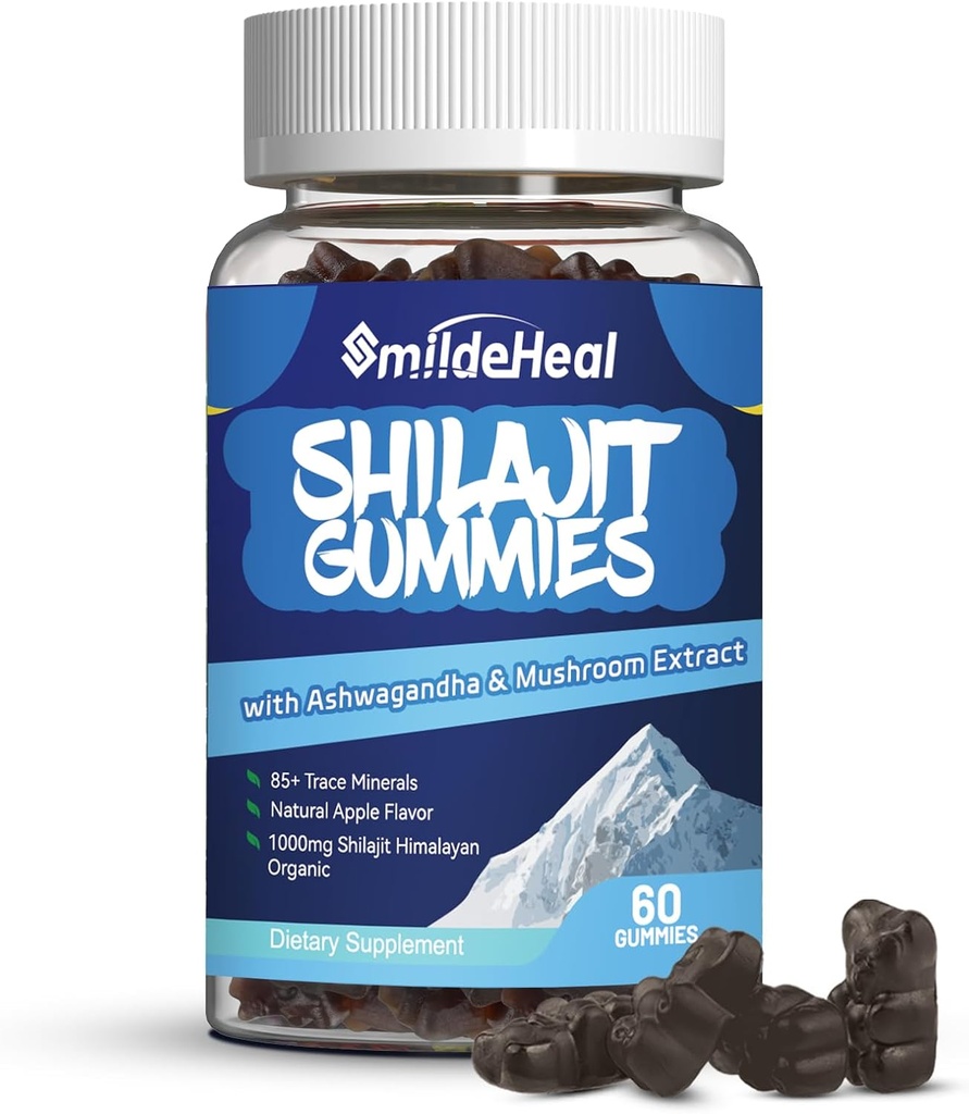 Shilajit Gummies 1000 MG, Organic Shilajit Supplement, 85+ Trace Minerali, z Ashwagandha, Gobe - Energija, Možgani, Podpora imunitete, za moške in ženske - 60 grof