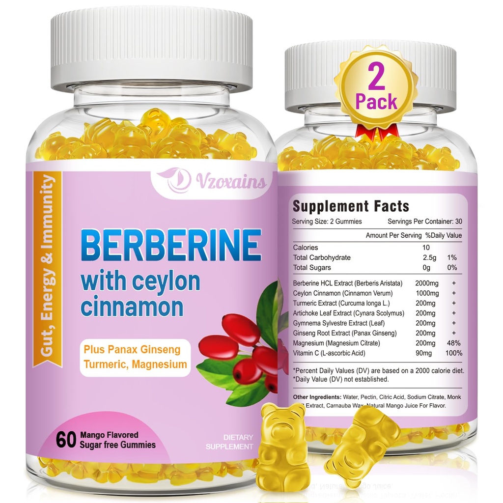 Berberine s Ceylon Cinnamon Gummies, Visoka moč Berberine HCI dodatek, Imunsko zdravje podpora, 120 Mango arome Gummies
