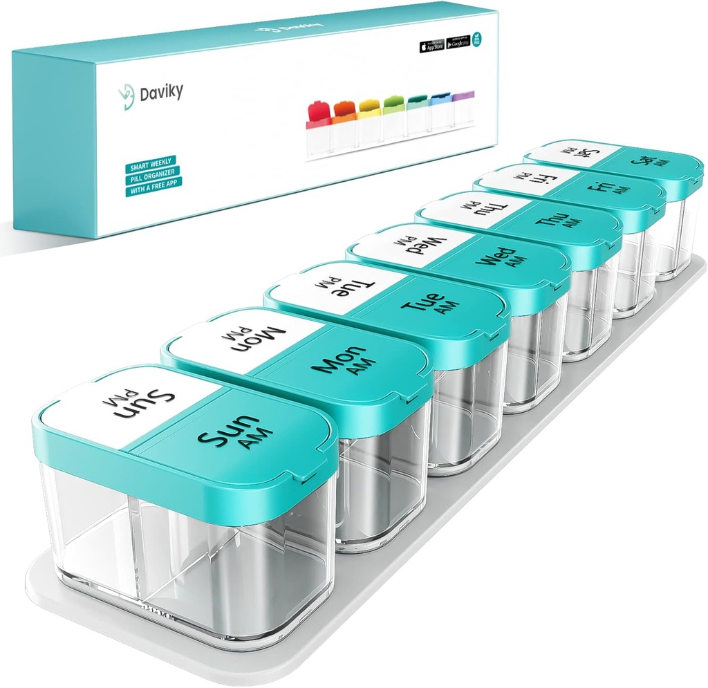 Daviky velik tedenski AM tablete Organizator - 7 dan, 2 krat na dan z zelo velikimi oddelki za vitamine, Medicina, dodatki (Cyan)