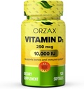 ORZAX Vitamin D3 10000 iu (250 μg) – Brez glutena, brez sladkorja, brez mleka – 120-dnevna zaloga za močno mišično funkcijo in imuno podporo – Mood Supplement for Wellness (120 Softgel)