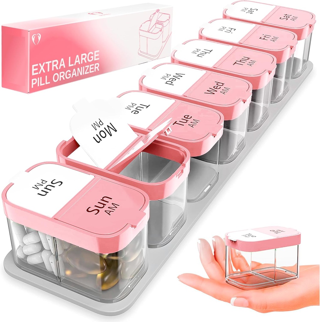 Ekstra velike tedenske tablete Organizator - XL Vitamin Holder s 7 Odstranljivi AM PM oddelki - Prenosna medicina Dispenzer za dom in potovanja, Velika dopolnilna posoda za tedensko ali dnevno uporabo, roza
