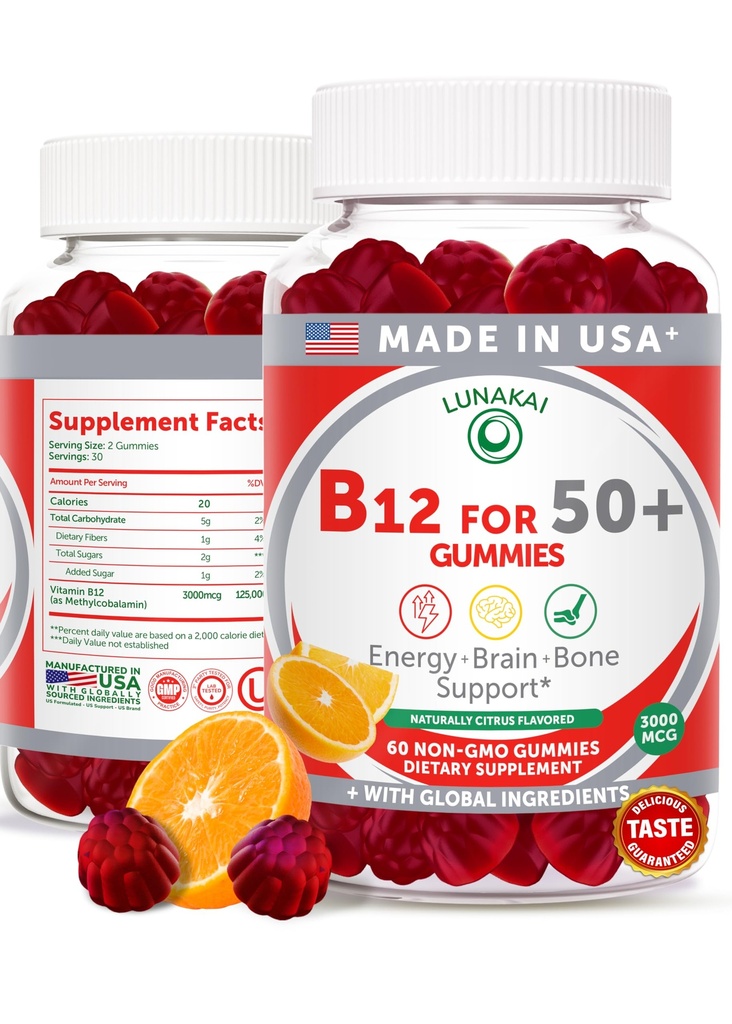 Lunakai ZDA Made Vitamin B12 Gummies za odrasle 50+, Non-GMO B12 za energijo in vitalnost Boost, Okusna pomarančna aroma, 60ct
