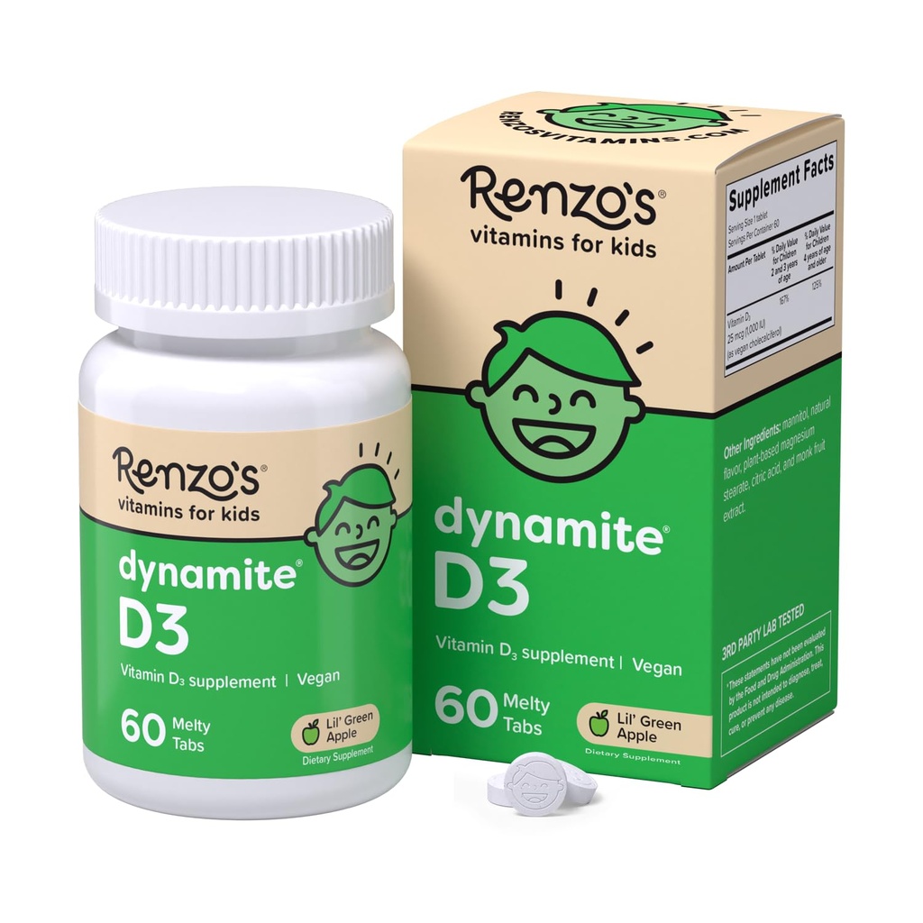 Renzov dinamit Vitamin D3, Raztapljanje otrok Vitamin D3, 60 Sladkor brez Melty Tabs, Lil’ Green Apple aromatiziran