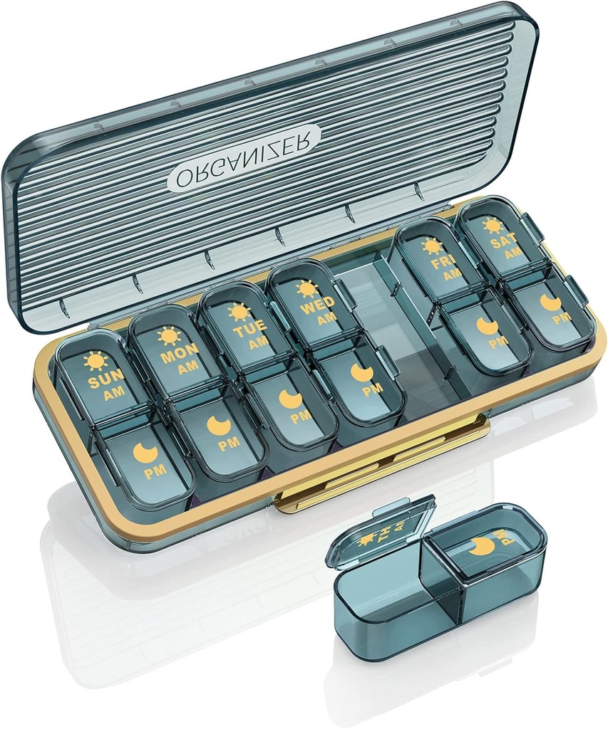 Am Pm tablete Organizator, tedenske tablete Box 2 krat na dan - Acedada 7 dan tablete Organizator s 7 ločenimi zabojniki, Prenosni dnevni Medicine Dispenzer Primer za vitamine, ribje olje, dodatki, Stylish Blue