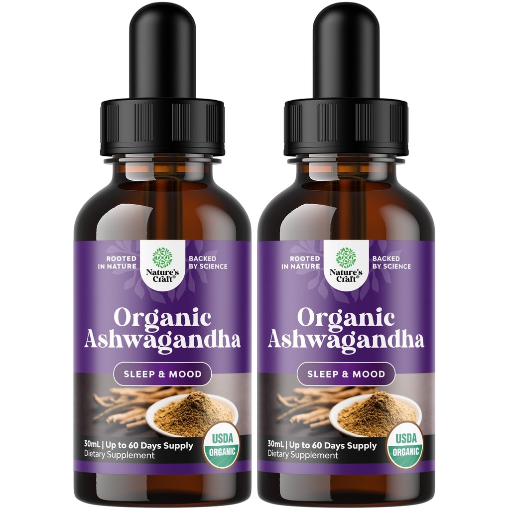 Narava Obrt USDA Organic Ashwagandha Tekoče kapljice - Tekoči izvleček Ashwagandha korenin za stres in podporo razpoloženju - Okusni adaptogen tinktura Non GSO Vegan Gluten Alkohol in sladkor brezplačno (2 paket)