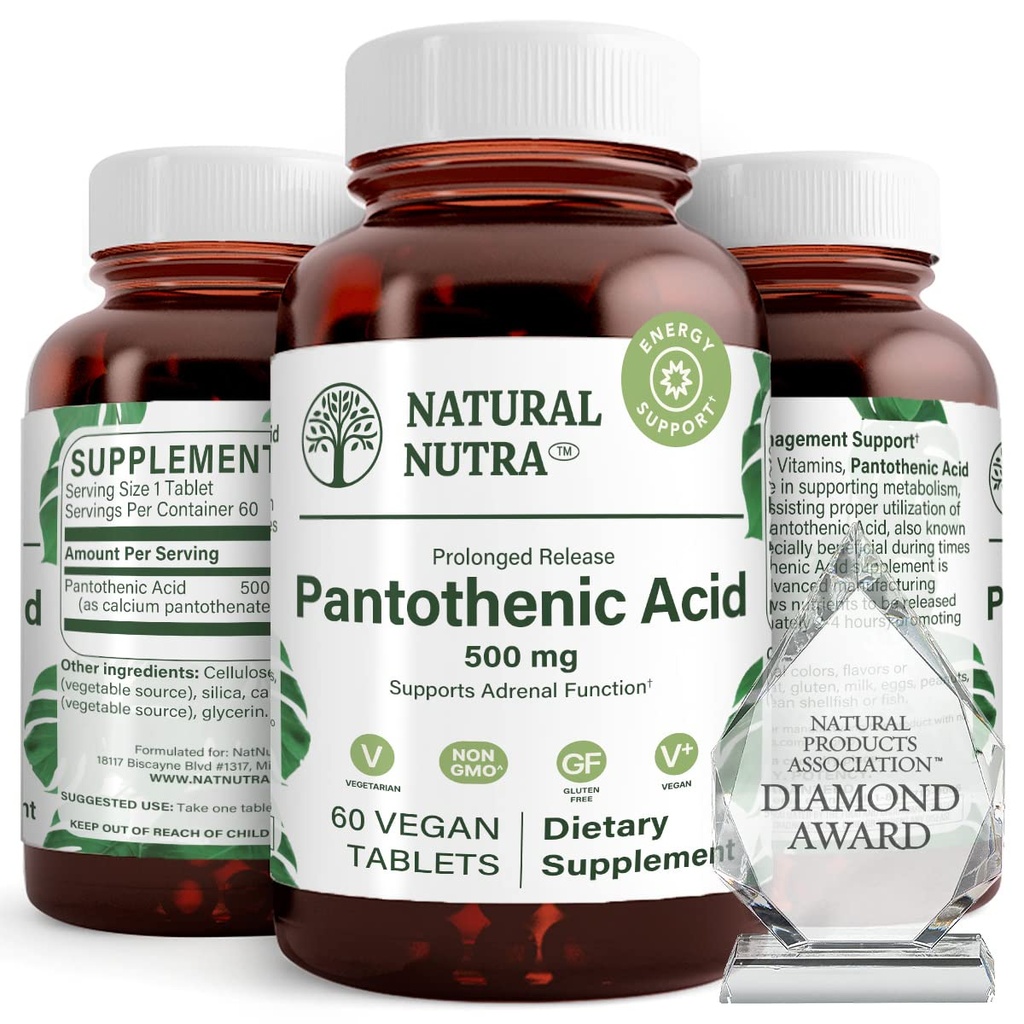 Natural Nutra čas release Pantotenska kislina 500 mg, Vitamin B5 dodatek pomaga razgraditi maščobe in ogljikove hidrate, Presnova in energija, Izboljšati zdravje mišic, Zmanjšati kožne točke, 60 Vegetarian tablete