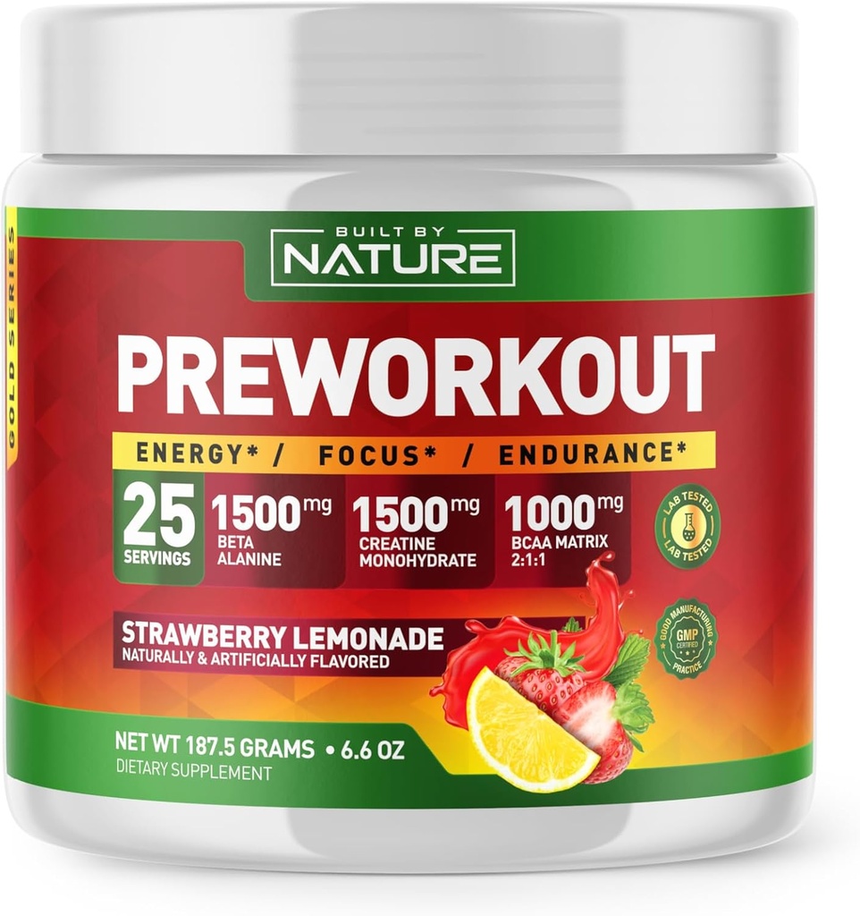 Zgrajen z Narava Pre Workout Powder z Beta Alanine, Kreatin Monohidrat, BCAA, L Citrulin, L Arginin in kofein - Jagodna limonada Flavor - 25 Servisi