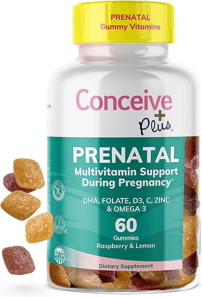 KONCEVNI PLUS Prednatalni Gumiji - DHA, Folna kislina, Vitamin D3, C, cink, in Omega 3, Naravni limona + malina aroma, 60 Štetje, 30 dan dobave