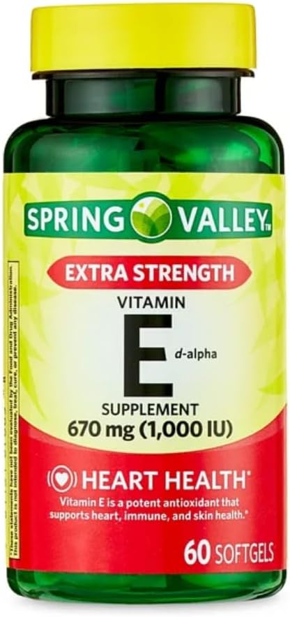 Generična pomladna dolina Vitamin E Dodatna moč Vitamin E D-Alpha Spring Valley Softgels, 670 mg (1.000 i.e.), 60 Število
