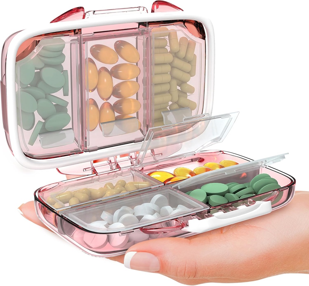 Potovalne tablete Organizator - Vlažen dokaz Prenosni Vitamin imetnik s 7 predelki, Kompakten dodatek Primer za Purse Essential Medicine Kit fot Potovanja Pocket Lekarna z nalepkami, Roza