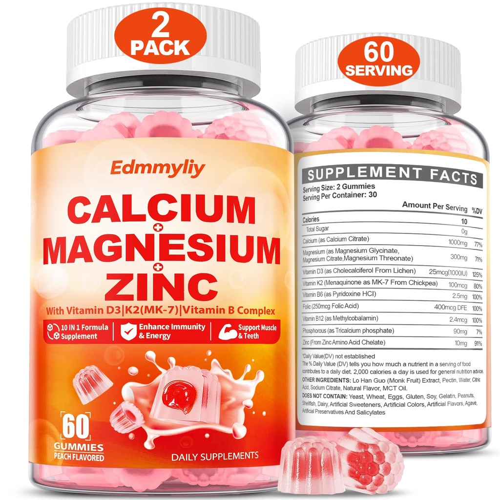 Kalcij Magnezijev cink dodatek Gumiji z vitaminom D3 K2 & B kompleks za ženske moški 1000mg Kalcijev citrat z magnezijevimi gumiji za kosti, mišice in imunske podpore, sladkor brez, Vegan