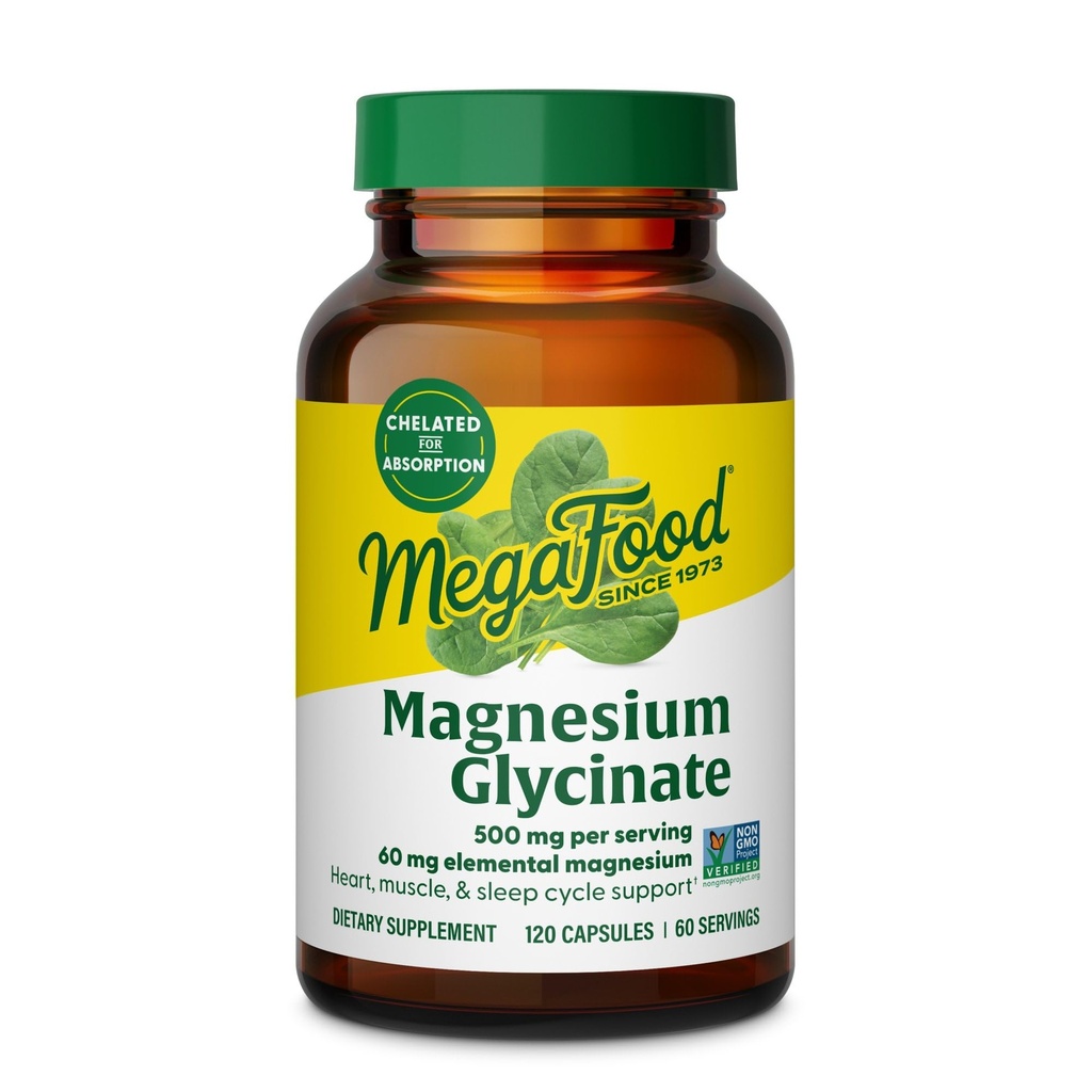 MegaFoods Magnezij Glycinate 500mg - Chellated Magnezij dodatek - 60mg Elemental Magnezij - Nežen na želodcu - Podpira normalno spanje cikel in zdravo stres odziv - 120 Kapsule 60