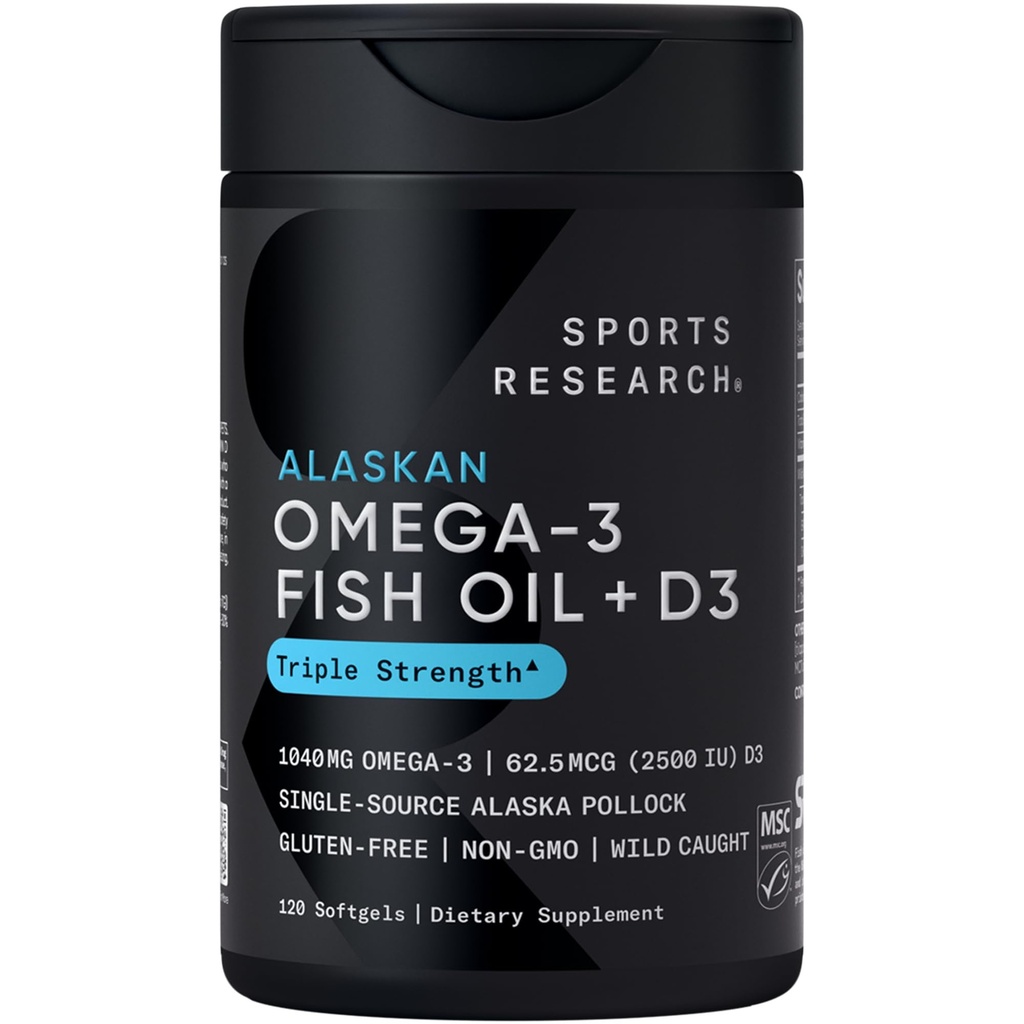 Športne raziskave ® Aljaska Omega-3 ribje olje 1040mg + vitamin D3 2500iu - Podpira zdravje možganov in srca - MSC Certified Sustainable · Wild-Caught · Non-GMO · Trigliceridna oblika - 120 Count Softgels