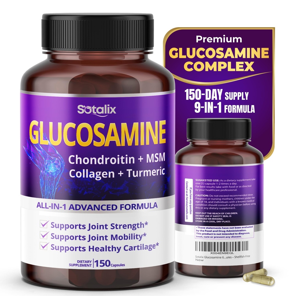Sotalix Glukozamin 650mg – All-in-1 Skupna podpora s Chondroitin, MSM, Collagen, Kurkuma, Vitamin D3 & Hialuronska kislina – 150 Kapsule – Shellfish-free – Izdelano v ZDA