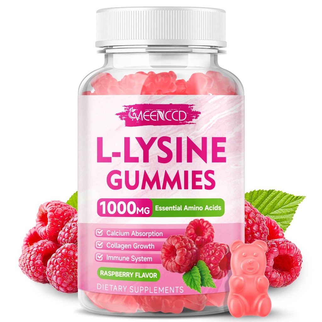 L-Lysine 1000mg Gumies, Lysine dodatek za odrasle in otroke, Essential Amino Acid dodatek za ustnice in ustno zdravje, povečanje imunskega & kolagena & kalcija, sladkor brez, malina aroma, 60 Count