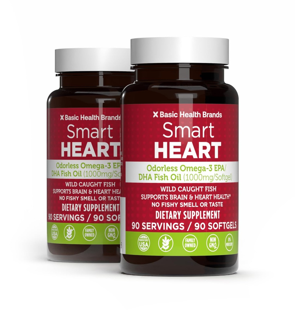 Osnovne znamke Smart Heart Omega-3 Fish Oil 1000mg - Trojna moč EPA & DHA, Non-GMO, Heart & Cognitive Support - 90 Burpless Softgels - 2-Pack