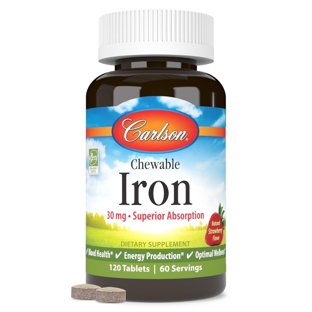Carlson - Chewable Iron, 30 mg, Superior Absorption, Blood Health, Energy Production & Optimal Wellness, Chewable Iron Supplement for Women & Men, Natural Strawberry Flavor, 120 Tablets