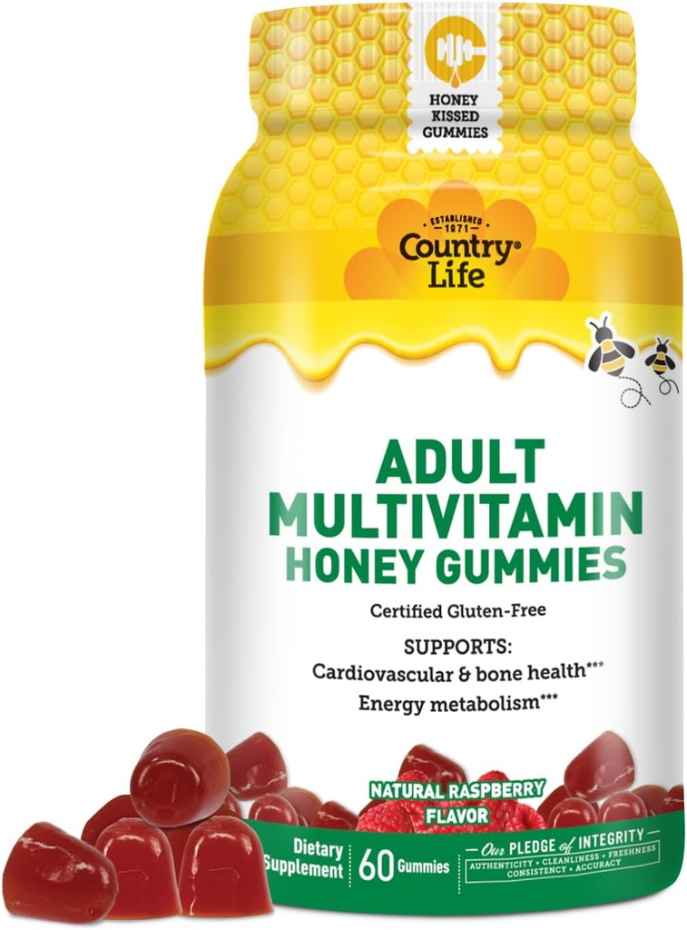 Country Life Adult Multivitamine Medeni Gumies – Kost, Srce in Energy Support – Ne-GMO, Certified Gluten Free, Vegetarian – Seveda sladkan – 60 Gumies