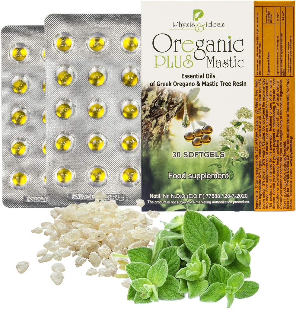 Oreganska Plus Mastic - Oregano Essential Oil Kapsule & Chios Mastic Gum Oil - Wild Oregano Oil Kapsule Organski - Imunski ojačevalec in črevesna podpora - Non-GMO - 30 Count Pretisni omot