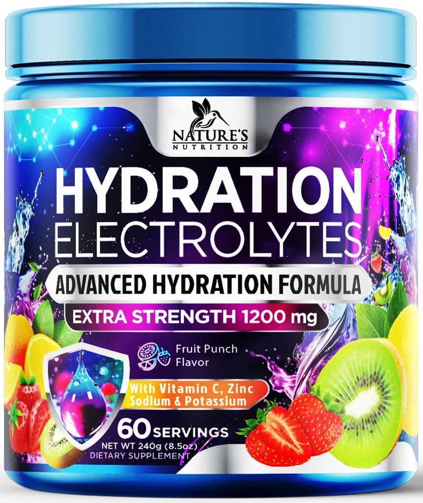 Hidracija Elektrolit Powder 1200mg - Dnevna tekočina Relenisher Drink Mix - Elektrolit Množitelj z minerali, Kalij & Real sol, Keto, Non-GMO - Okusne sadne arome Elektroliti - 60 Serving