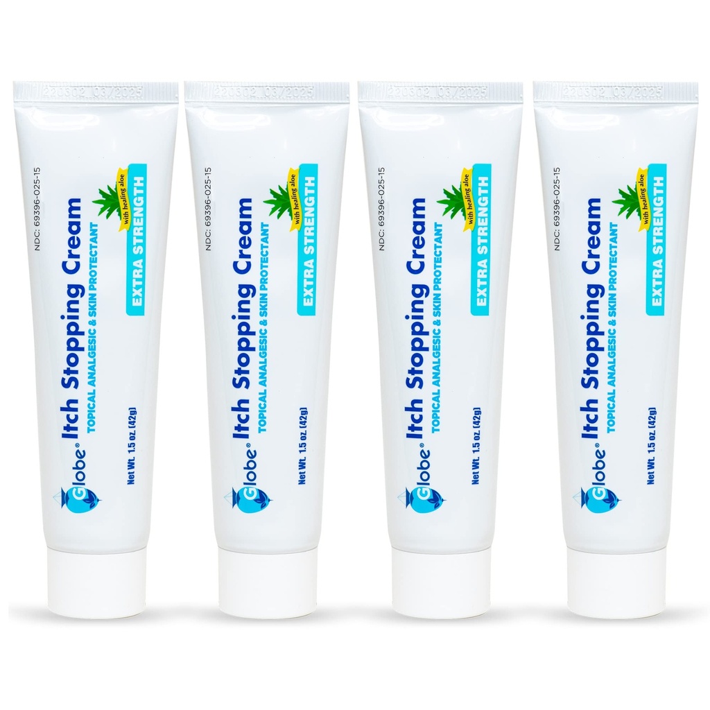 (4 paket) Globe Dodatna moč srbečica ustavi anti-srbečo kremo 1.5 Oz s histamin blokatorjem, Difenhidramin HCl Vrhunska analgetika in cinkov acetat kožo Protectant za pomoč pri večini srbečica