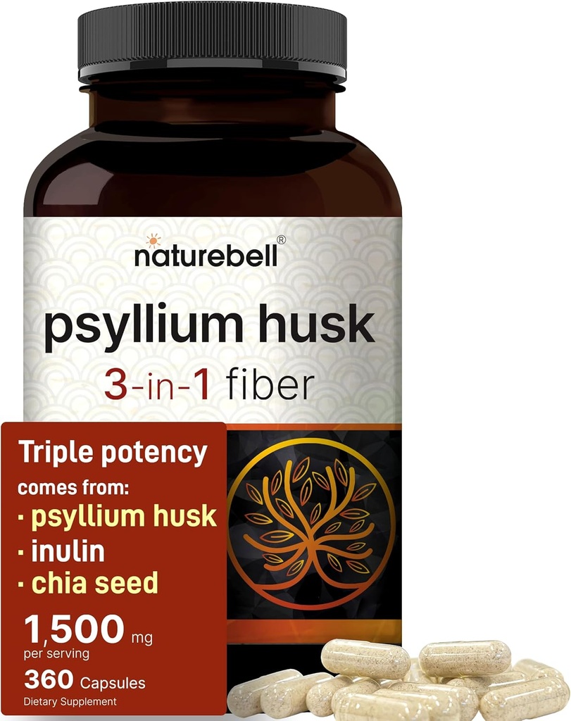 NatureBell Psyllium Husk Fiber Supplement, 1.500mg na serviranje, 360 Kapsule 