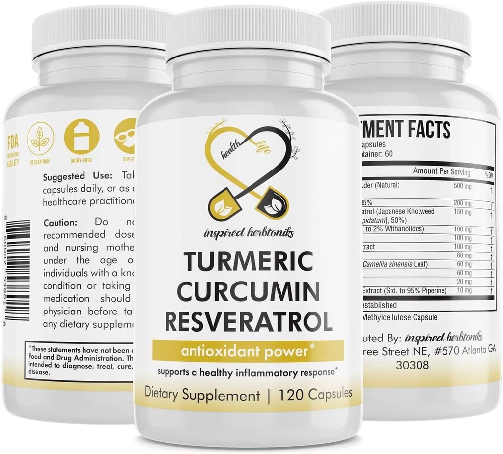 Kurkumin Resveratrol prehranska dopolnila, antioksidant lastnosti, podpira dobro vnetje in imunski sistem, 120 Veganske kapsule