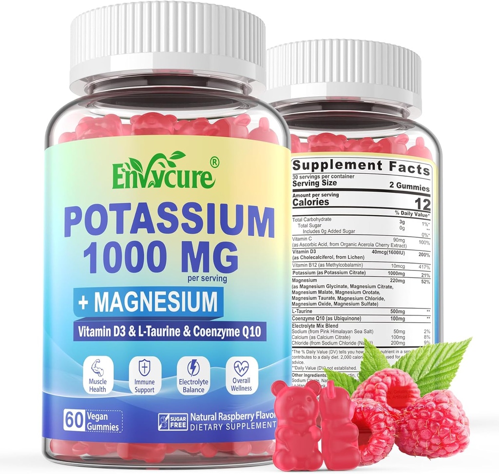 Kalijev dodatek Gumiji - 1000mg Kalijev citrat z magnezijevim kompleksom/glicinat/citrat, Coq10, L-tavrin, B12,D3-elektrolit, energija, možgani - Kalijev magnezijev dodatek za odrasle, 2Pack