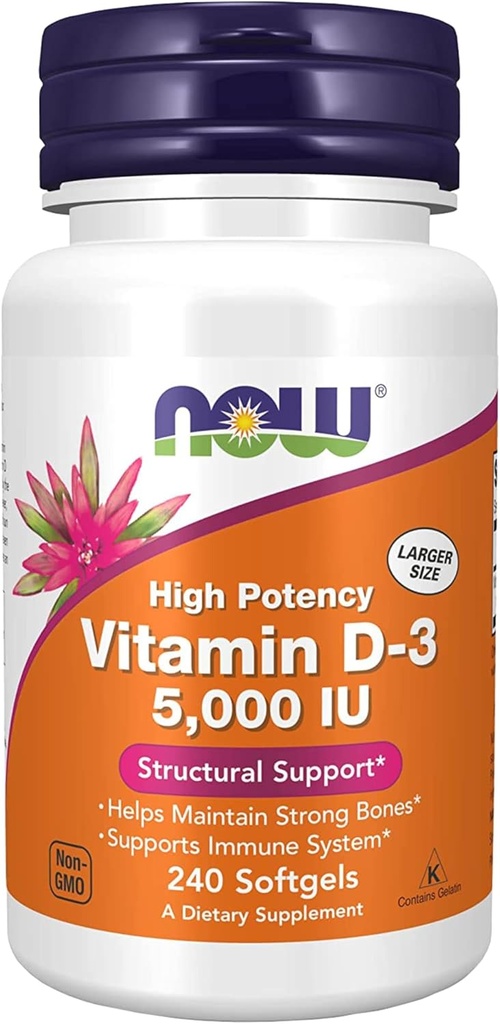 NOW Supplements, Vitamin D-3 5,000 IU, Visoka moč, Strukturna podpora*, 240 Softgels z svetovno prehransko verigo Keychain