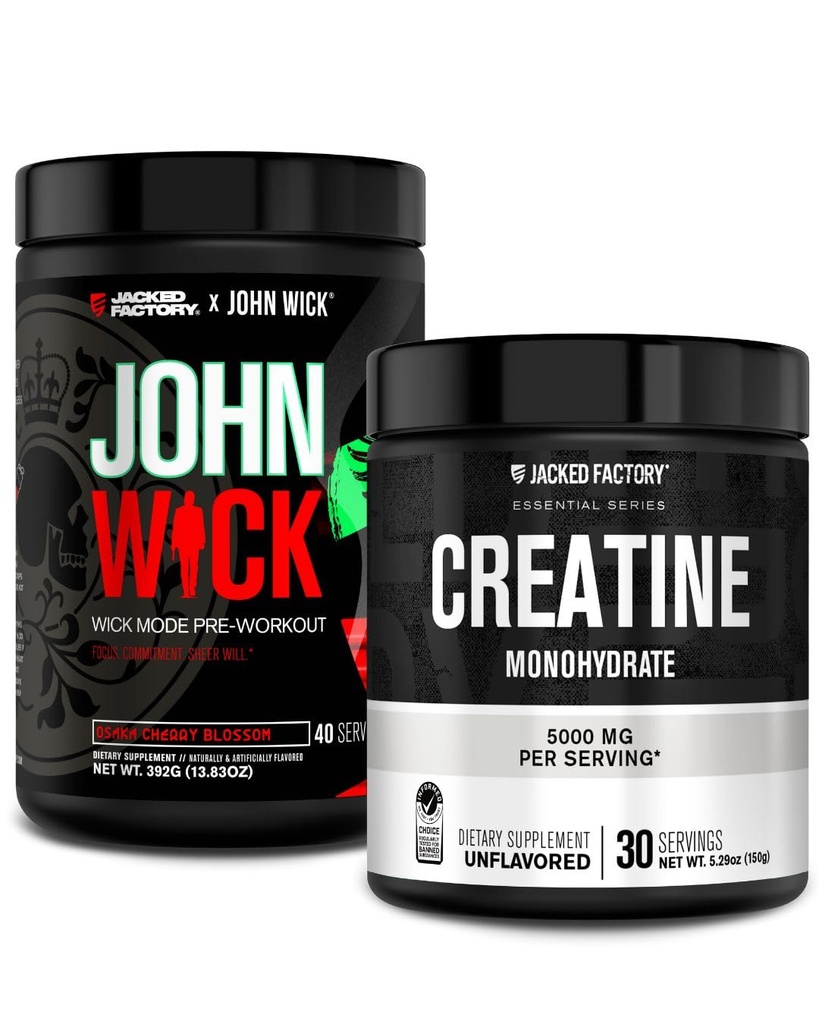 Jacked Factory X John Wick - Wick Mode Pre Workout Powder (Osaka Cherry Blossom, 40 Servings) & Kreatin monohidrat v prahu (Nearomatiziran, 30 Serving)